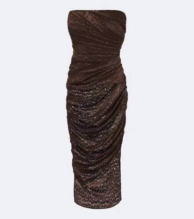 Alex Perry Leopard-print Ruched Lace Midi Dress In Brown