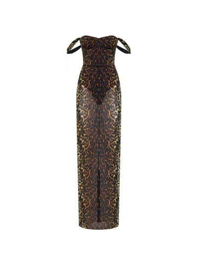 Alex Perry Leopard-print Stretch Mesh Long Column Dress In Brown