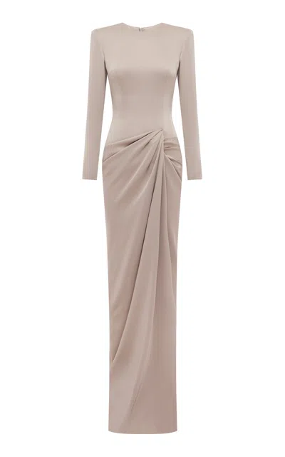Alex Perry Long Sleeve Draped Satin Crepe Gown In Silver