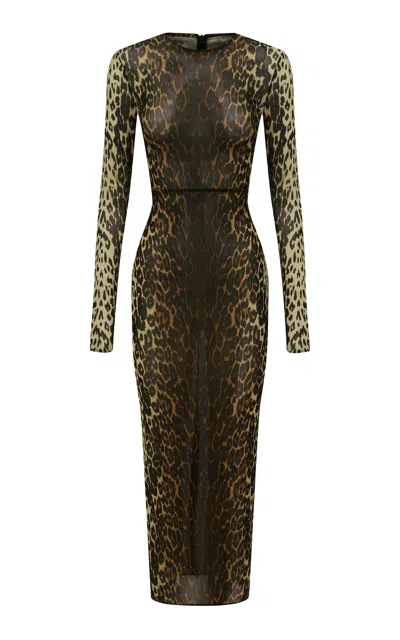 Alex Perry Long Sleeve Leopard Mesh Gown