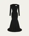 Alex Perry Long Sleeve Mermaid Satin Crepe Paneled Gown In Black