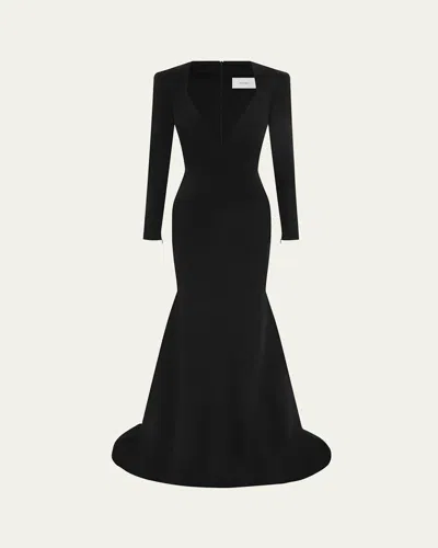 Alex Perry Long Sleeve Mermaid Satin Crepe Paneled Gown