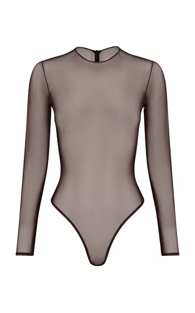 Alex Perry Long-sleeve Mesh Bodysuit In Brown