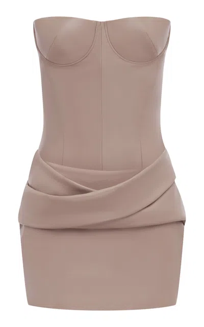 Alex Perry Longline Cupped Leather Mini Dress In Neutral