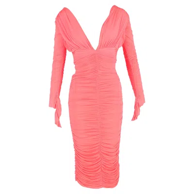 Pre-owned Alex Perry Marin Ruched Midi Dress In Coral Polyamide In Pink