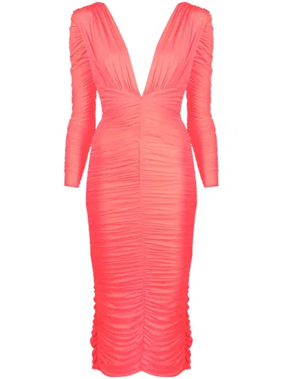 Alex Perry Marin Ruched Midi Dress In Orange