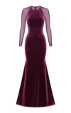 Alex Perry Mesh-paneled Velvet Maxi Dress In Purple