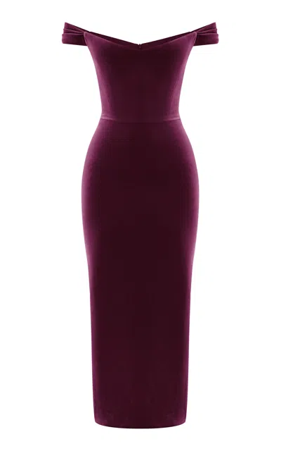 Alex Perry Off-the-shoulder Velvet Corset Midi Dress In Plum
