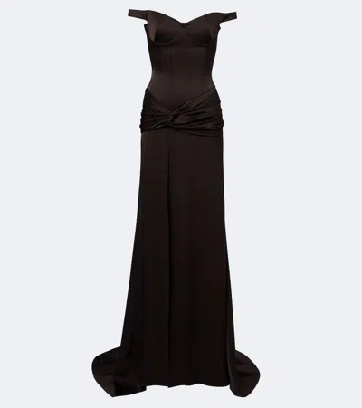 Alex Perry Off-shoulder Crêpe Satin Corset Gown In Brown