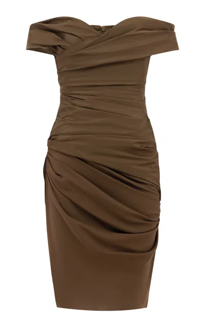 Alex Perry Off-shoulder Tucked Taffeta & Georgette Mini Dress In Brown