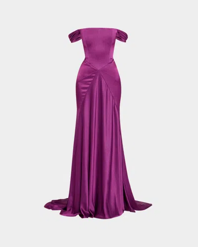 Alex Perry Off-the-shoulder Paneled Satin Crepe Gown In Purple