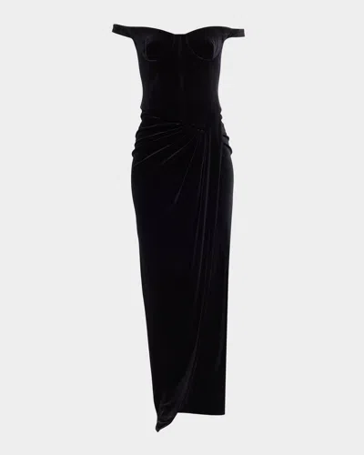 Alex Perry Off-the-shoulder Velvet Bustier Draped Maxi Dress In Black