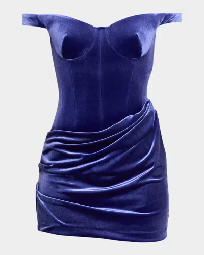 Alex Perry Off-the-shoulder Velvet Bustier Draped Mini Dress In Blue