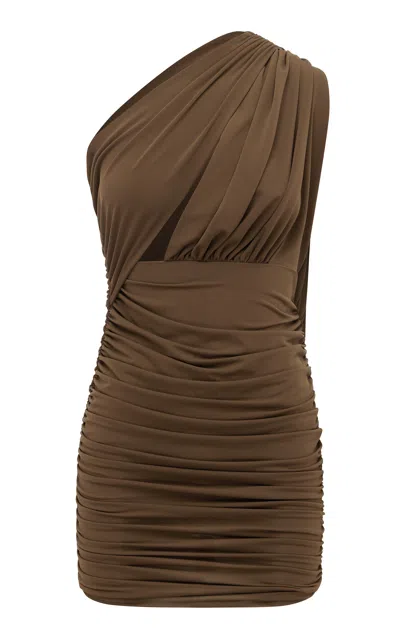 Alex Perry One Shoulder Crepe Jersey Mini Dress In Brown