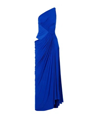 Alex Perry One-shoulder Gathered Mesh And Jersey Gown In Blue