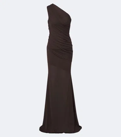 Alex Perry One-shoulder Ruched Gown In Brown