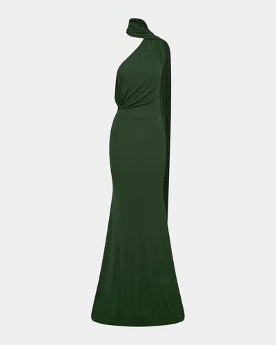 Alex Perry One-shoulder Scarf-neck Jersey Maxi Dress In Green