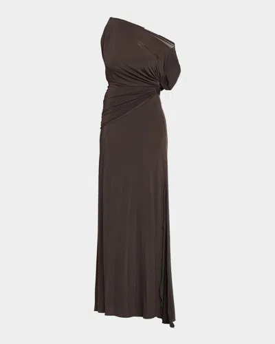 Alex Perry One-shoulder Twisted Jersey Maxi Dress In Brown