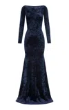 Alex Perry Open Back Crushed Velvet Gown In Navy