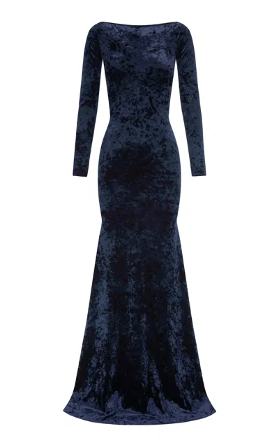 Alex Perry Open Back Crushed Velvet Gown In Navy