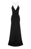 Alex Perry Paneled Front-slit Satin Crepe Gown In Black