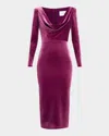 Alex Perry Plunging Draped Long-sleeve Velvet Midi Dress In Plum