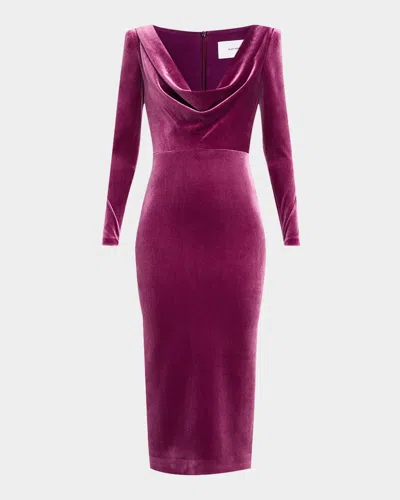 Alex Perry Plunging Draped Long-sleeve Velvet Midi Dress In Plum