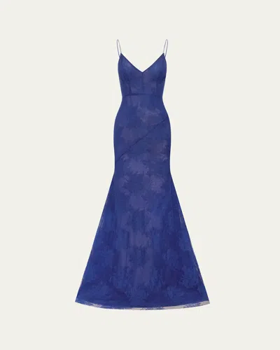 Alex Perry Plunging Sheer Lace Bikini Gown In Cobalt