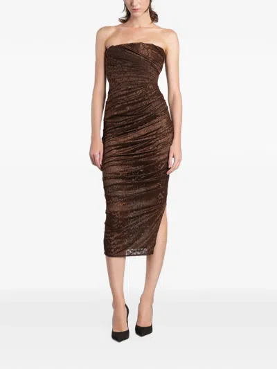 Alex Perry Ruched Animal-pattern Midi Dress In Brown