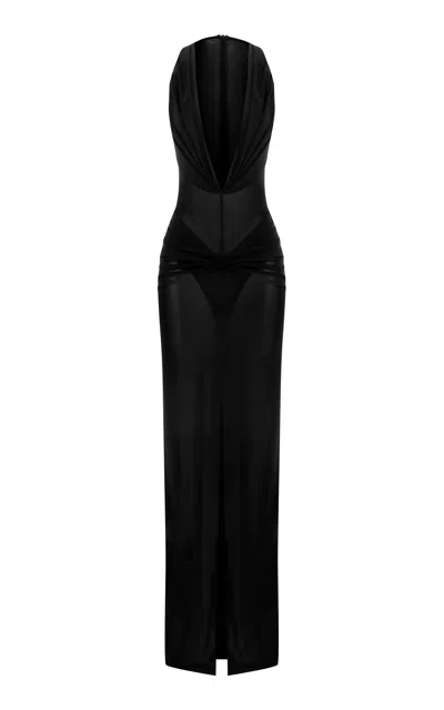 Alex Perry Ruched Halter Powermesh Column Gown In Black