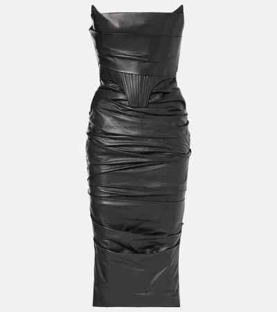 Alex Perry Ruched Leather Midi Dress In Black