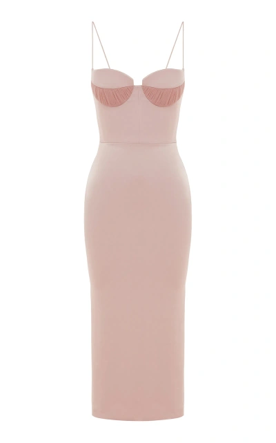 Alex Perry Ruched Mesh & Satin Crepe Bustier Midi Dress In Neutral