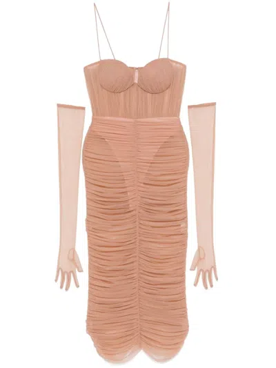 ALEX PERRY RUCHED MESH MIDI DRESS
