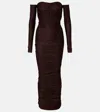 Alex Perry Ruched Off-shoulder Embellished Jersey Gown In Brown