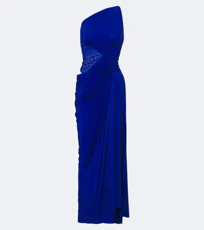 Alex Perry Ruched One-shoulder Jersey Gown In Blue