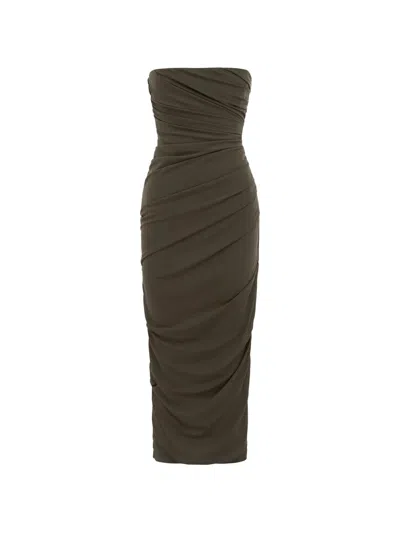 Alex Perry Ruched Strapless Dress In Brown