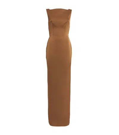 Alex Perry Satin Crepe Draped Back Maxi Dress In Brown