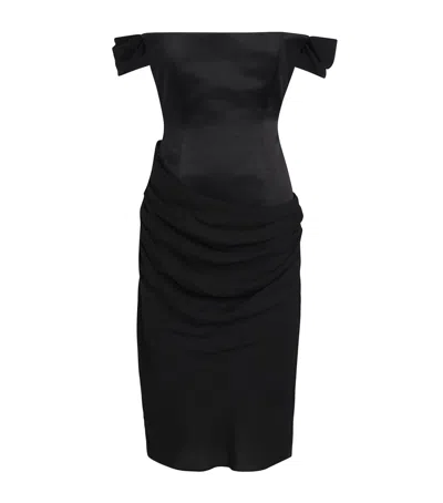 Alex Perry Satin Off-the-shoulder Corset Midi Dress In Black