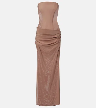 Alex Perry Semi-sheer Strapless Gown In Brown