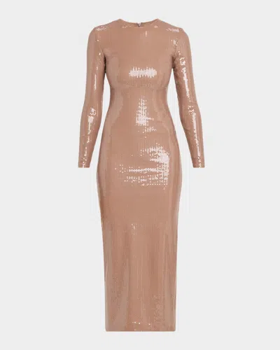 Alex Perry Sequined Long-sleeve Midi Dress In Brown