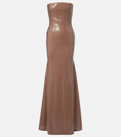Alex Perry Sequined Strapless Gown In Brown