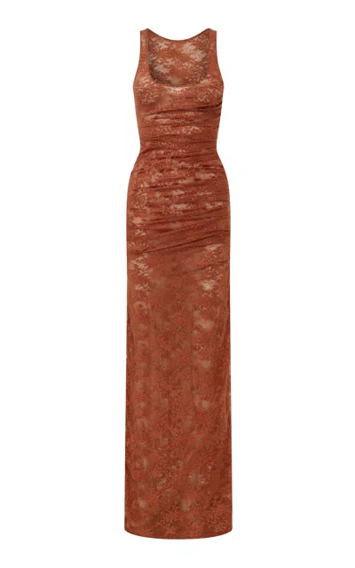 Alex Perry Singlet Sheer Stretch Lace Column Maxi Dress In Orange