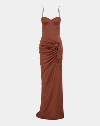 Alex Perry Sleeveless Draped Bustier Column Gown In Brown