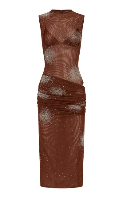 Alex Perry Sleeveless Draped Crystal Mesh Midi Dress In Brown