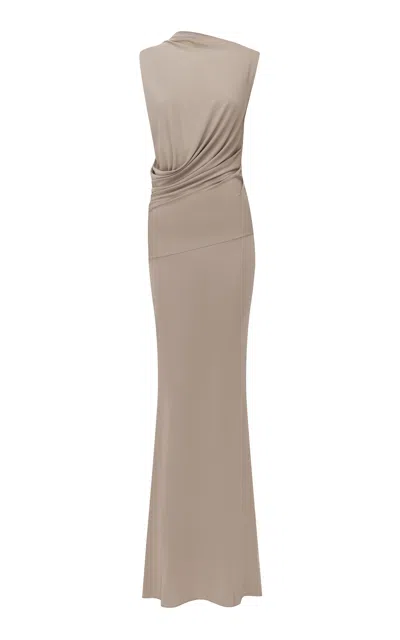 Alex Perry Sleeveless Draped Dry Jersey Gown In Brown