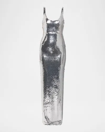 Alex Perry Sleeveless Sequined Column Singlet Gown In Silver