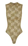 Alex Perry Sleeveless Stretch Lace Bodysuit In Khaki