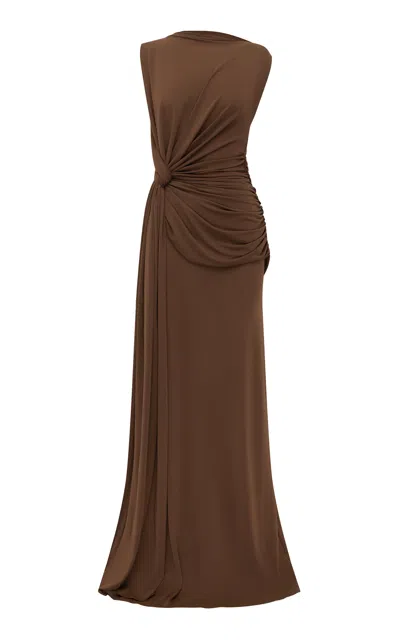 Alex Perry Sleeveless Twist Crepe Jersey Gown In Brown