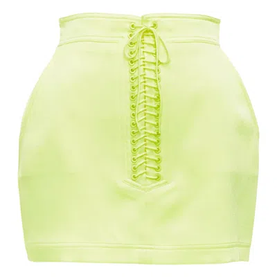 Pre-owned Alex Perry Spence Neon Yellow Satin Lace Up Rounded Mini Skirt Uk6 Xs