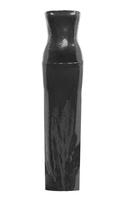 Alex Perry Strapless Column Sequined Mesh Maxi Dress In Silver